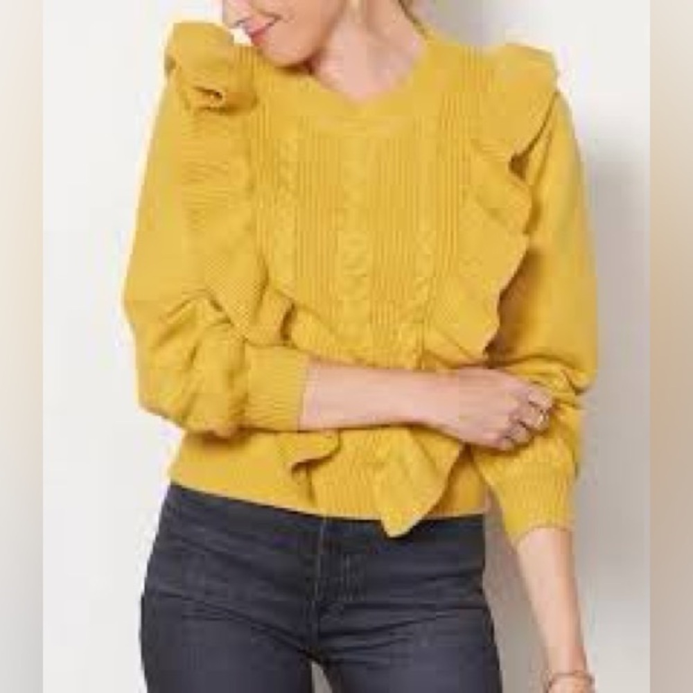 Anthropologie x DRA Los Angeles Cable Knit Fisherman Sweater Yellow Ruffle sz Md